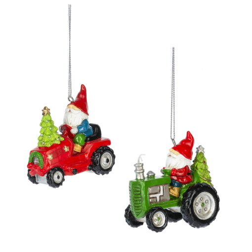 Gnome tracteur ornement assortiment - rouge ou vert